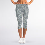 White And Grey Western Floral Print Women's Capri Leggings