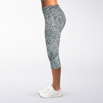 White And Grey Western Floral Print Women's Capri Leggings