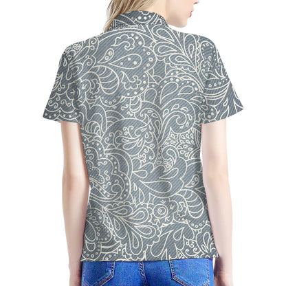 White And Grey Western Floral Print Women's Polo Shirt