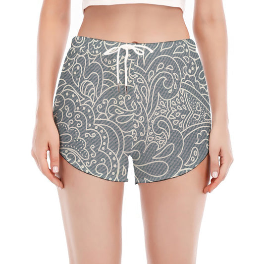 White And Grey Western Floral Print Women's Split Running Shorts