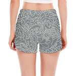 White And Grey Western Floral Print Women's Split Running Shorts