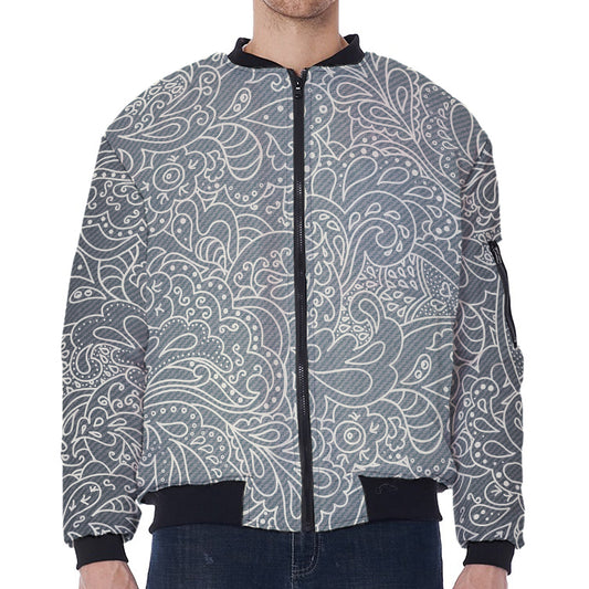 White And Grey Western Floral Print Zip Sleeve Bomber Jacket