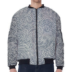 White And Grey Western Floral Print Zip Sleeve Bomber Jacket