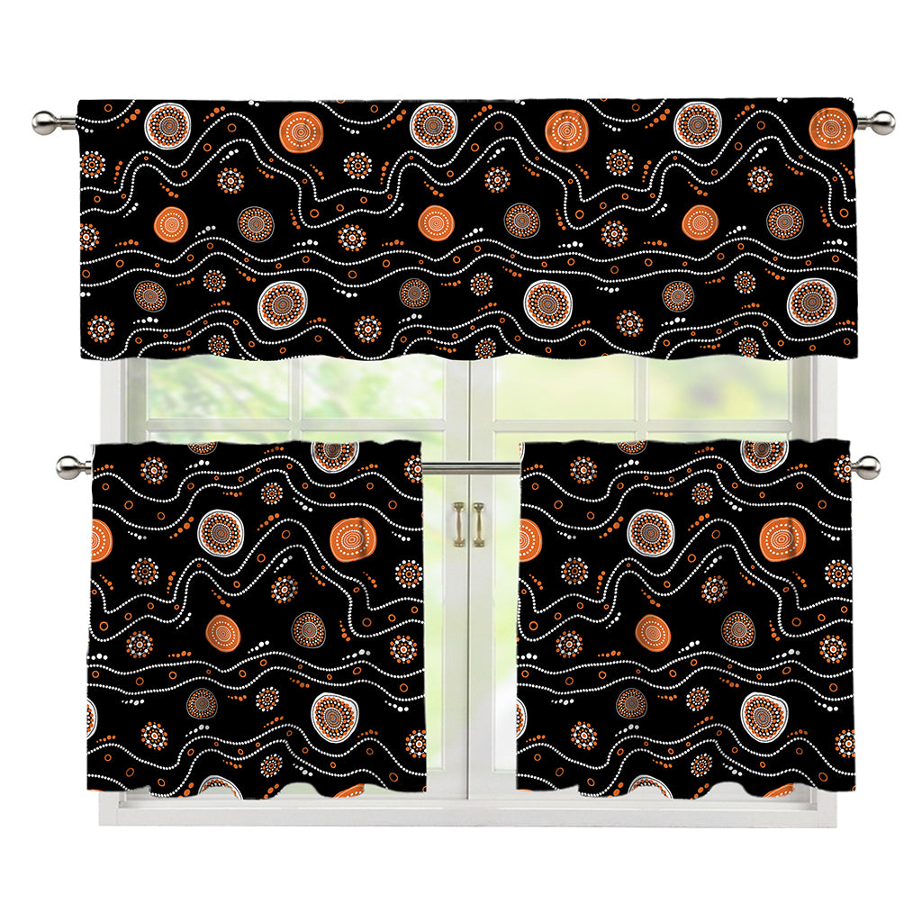 White And Orange Aboriginal Art Print 3 Piece Kitchen Curtains