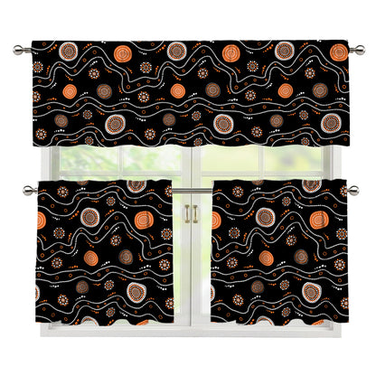 White And Orange Aboriginal Art Print 3 Piece Kitchen Curtains
