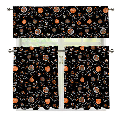 White And Orange Aboriginal Art Print 3 Piece Kitchen Curtains