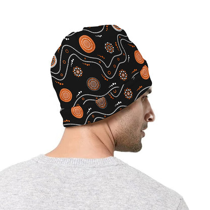 White And Orange Aboriginal Art Print Beanie