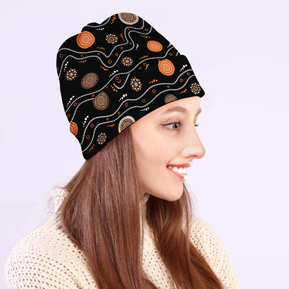 White And Orange Aboriginal Art Print Beanie