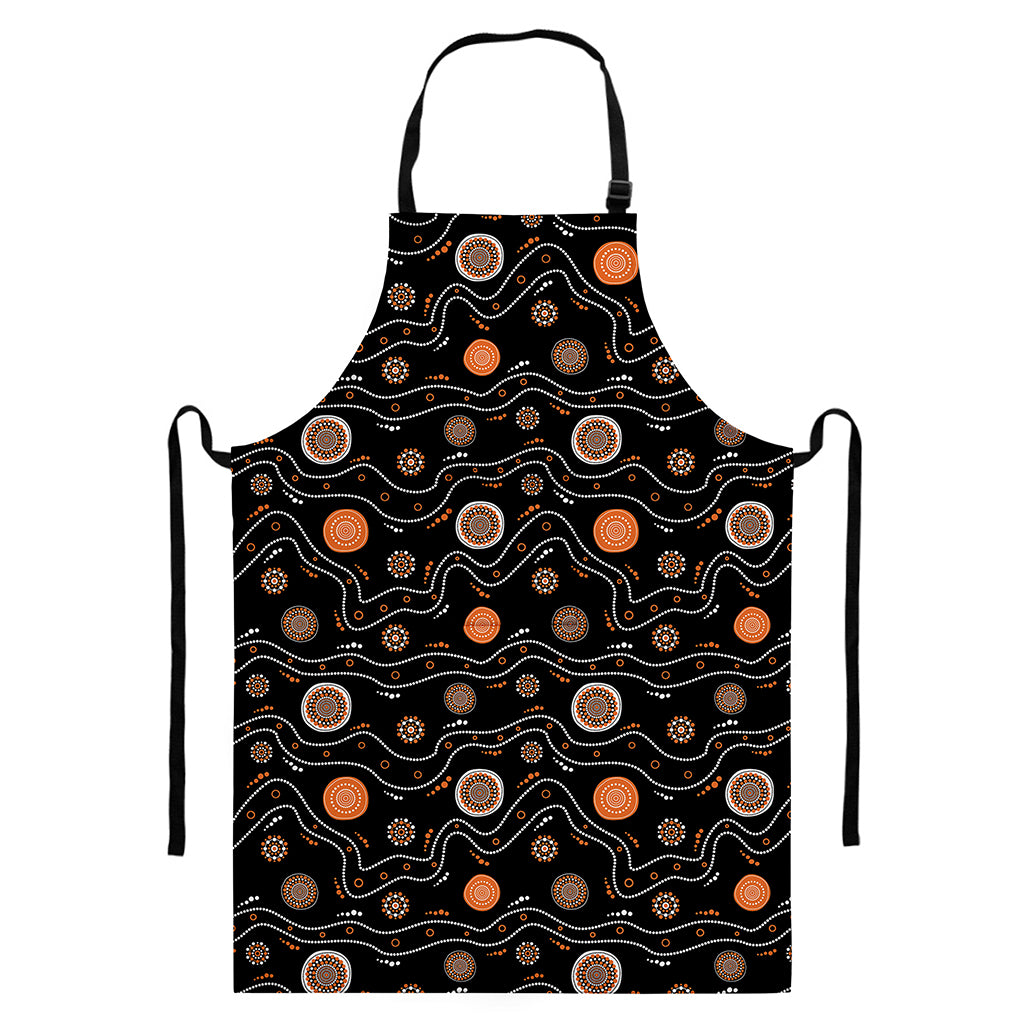 White And Orange Aboriginal Art Print Bib Apron With Pocket