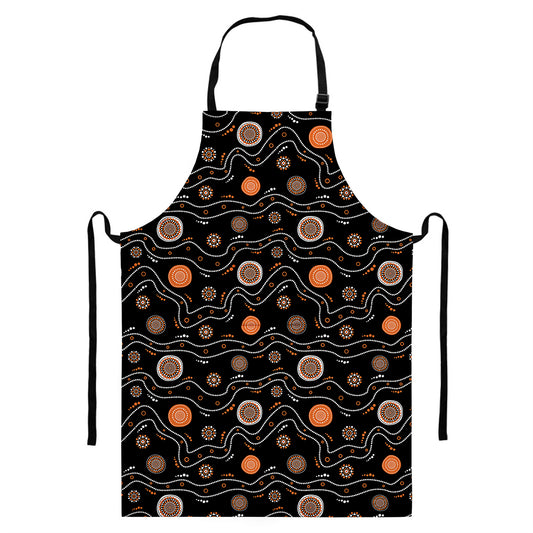 White And Orange Aboriginal Art Print Bib Apron With Pocket