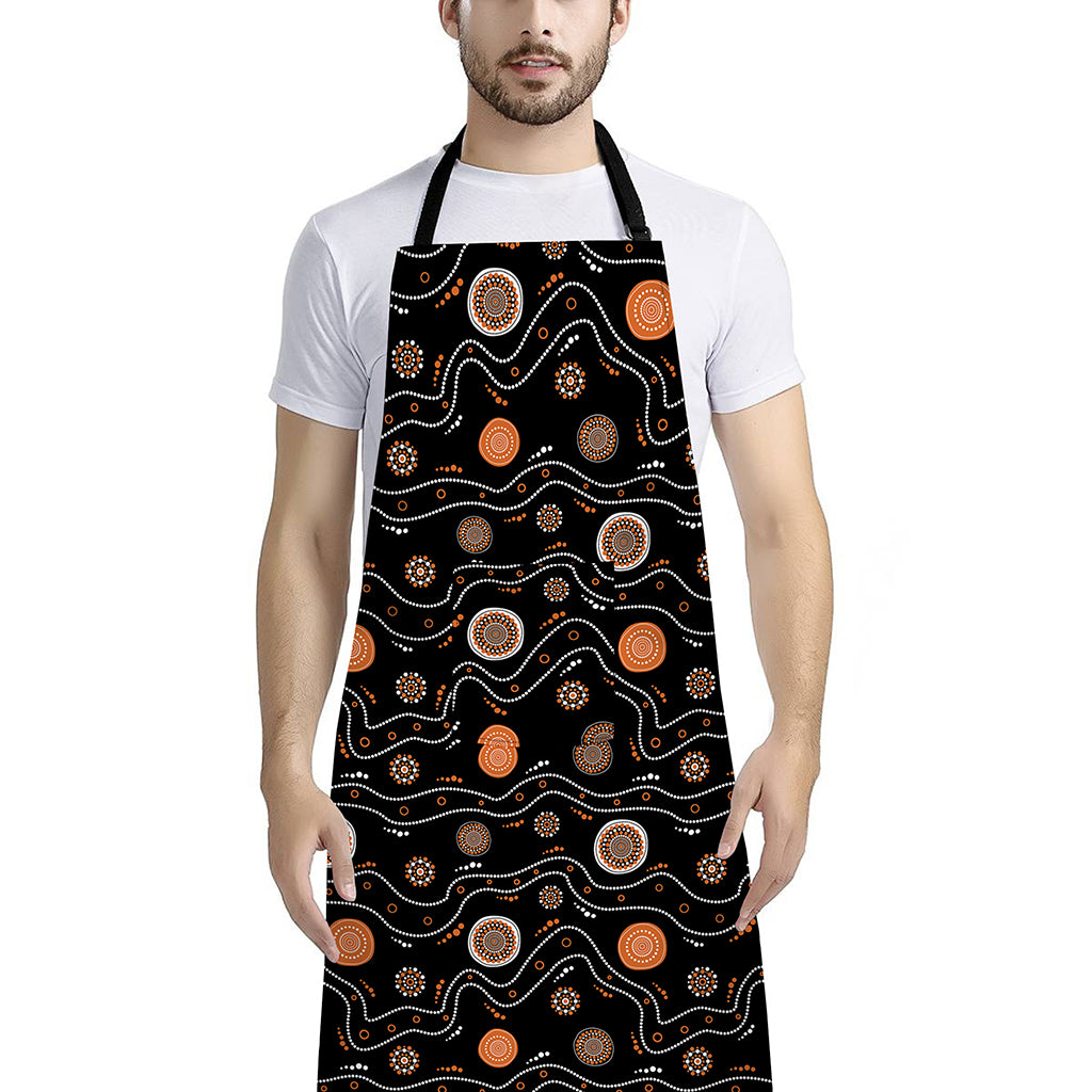 White And Orange Aboriginal Art Print Bib Apron With Pocket