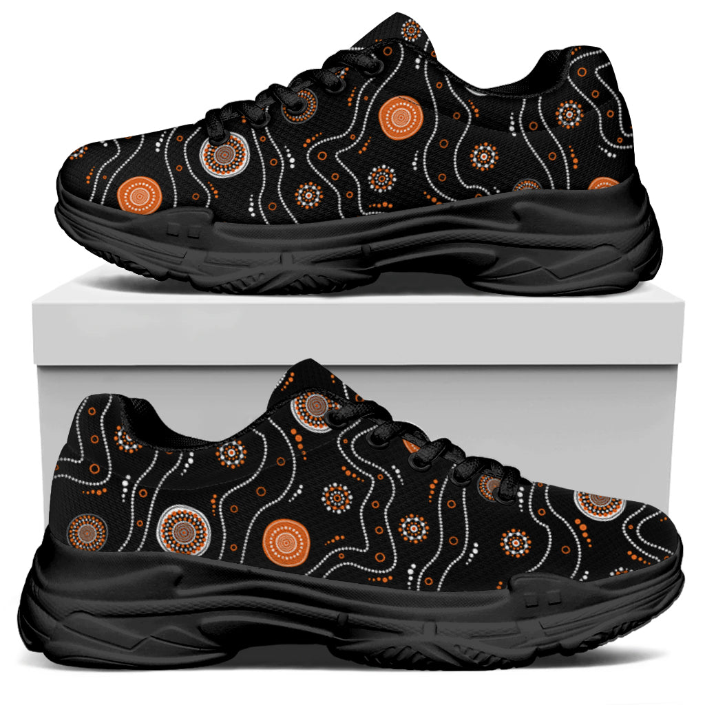 White And Orange Aboriginal Art Print Black Chunky Shoes