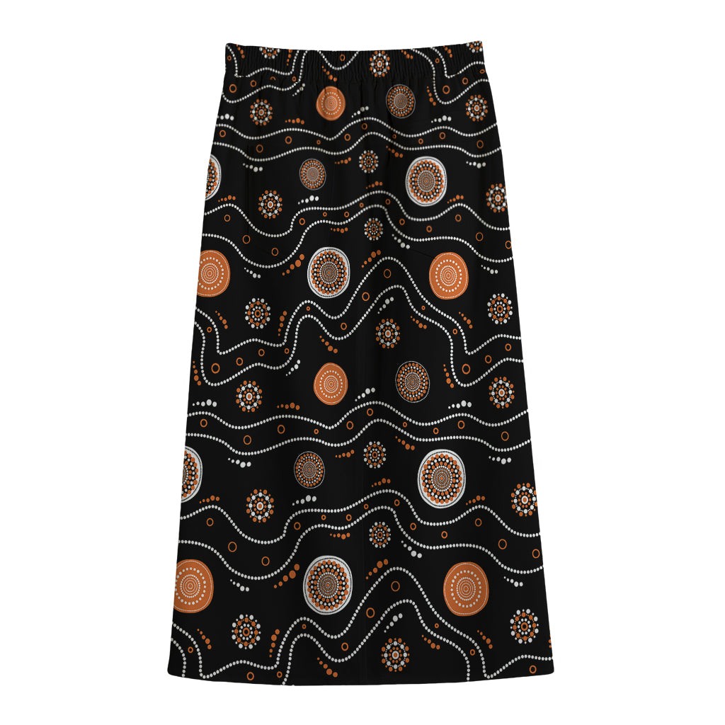 White And Orange Aboriginal Art Print Cotton Front Slit Maxi Skirt