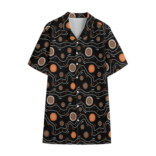 White And Orange Aboriginal Art Print Cotton Hawaiian Shirt