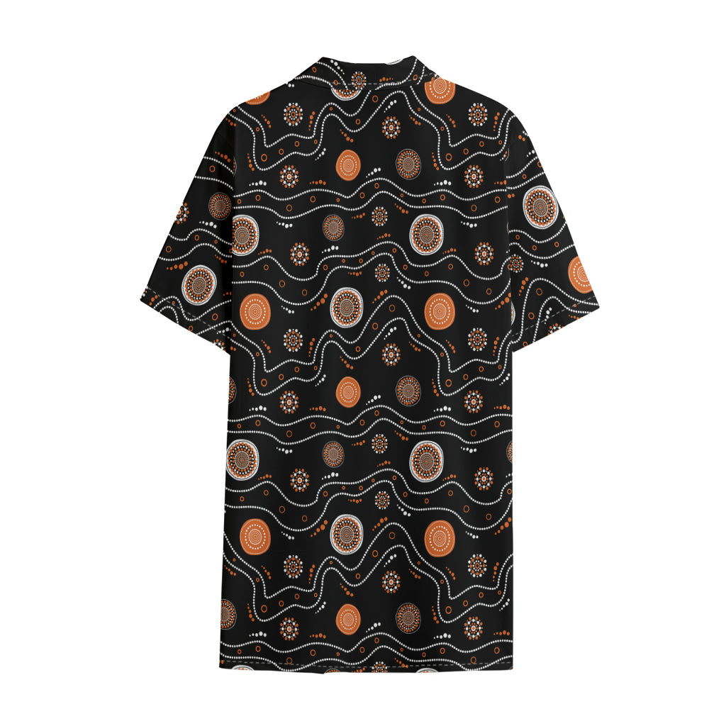 White And Orange Aboriginal Art Print Cotton Hawaiian Shirt