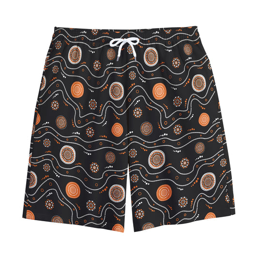 White And Orange Aboriginal Art Print Cotton Shorts