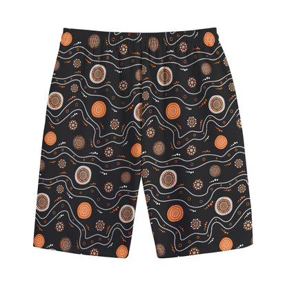 White And Orange Aboriginal Art Print Cotton Shorts
