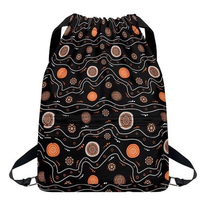 White And Orange Aboriginal Art Print Drawstring Backpack