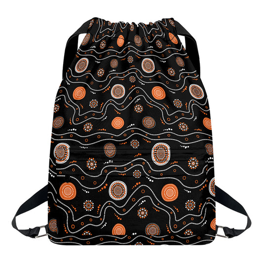 White And Orange Aboriginal Art Print Drawstring Backpack