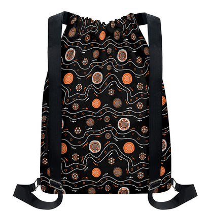 White And Orange Aboriginal Art Print Drawstring Backpack