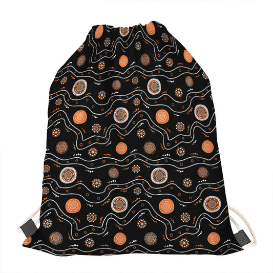 White And Orange Aboriginal Art Print Drawstring Bag