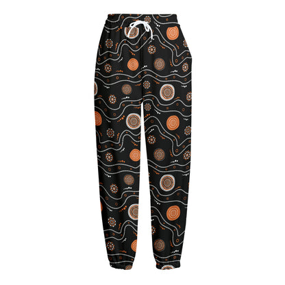 White And Orange Aboriginal Art Print Fleece Lined Knit Pants