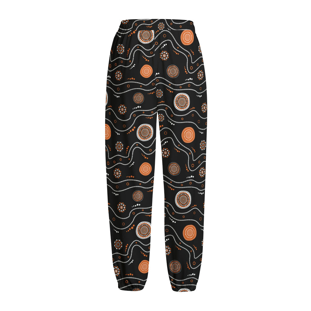 White And Orange Aboriginal Art Print Fleece Lined Knit Pants