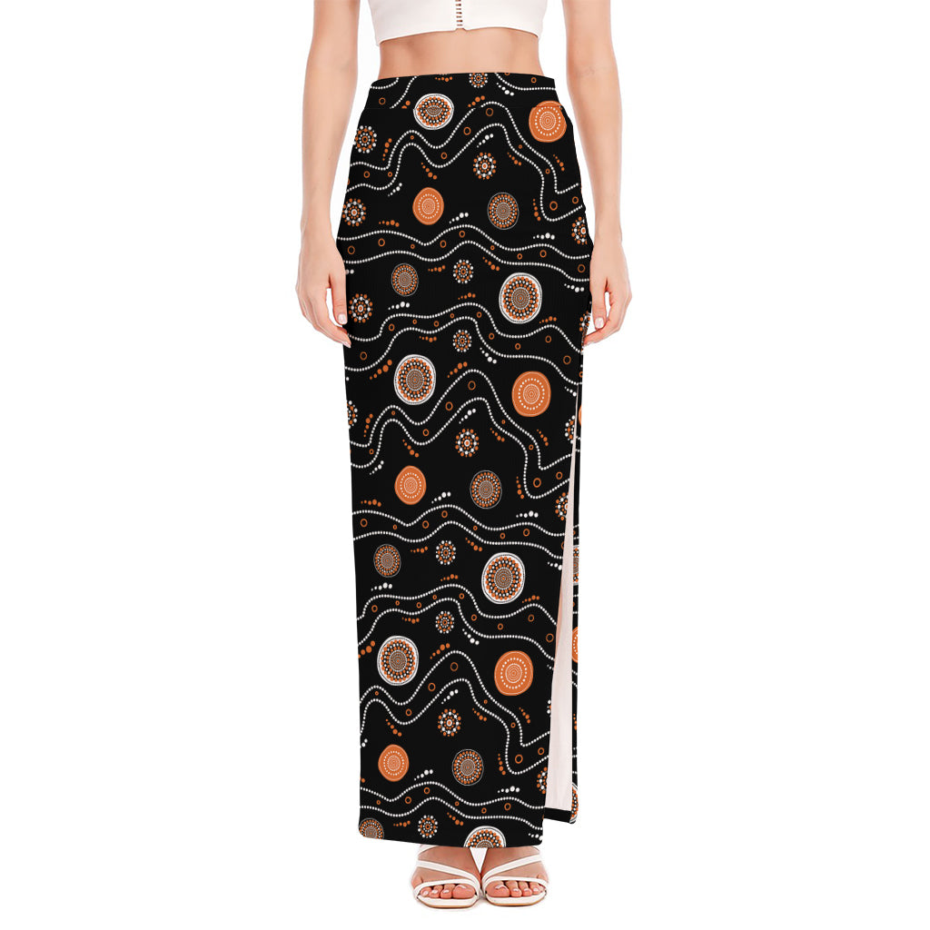 White And Orange Aboriginal Art Print High Slit Maxi Skirt