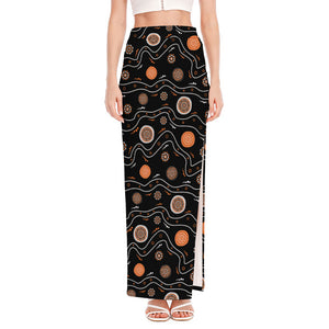 White And Orange Aboriginal Art Print High Slit Maxi Skirt