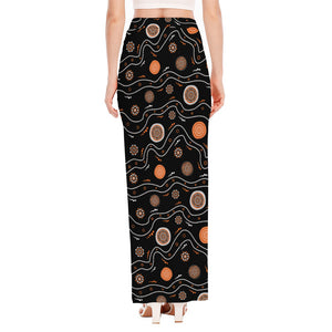 White And Orange Aboriginal Art Print High Slit Maxi Skirt