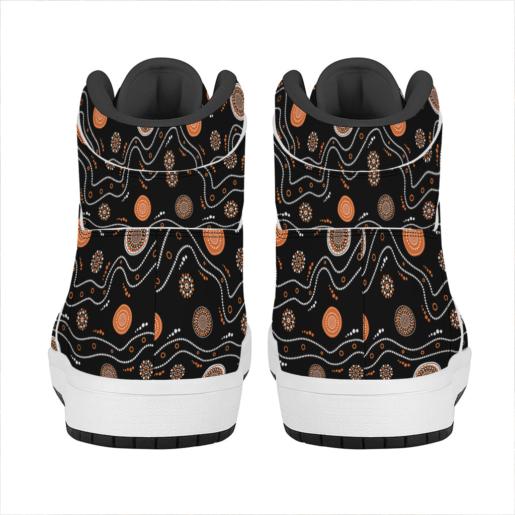 White And Orange Aboriginal Art Print High Top Leather Sneakers