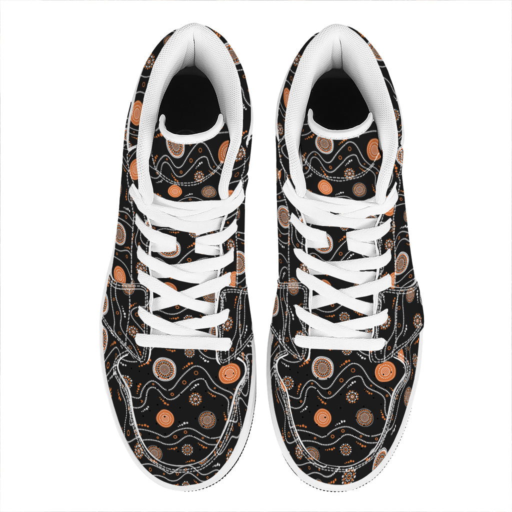 White And Orange Aboriginal Art Print High Top Leather Sneakers