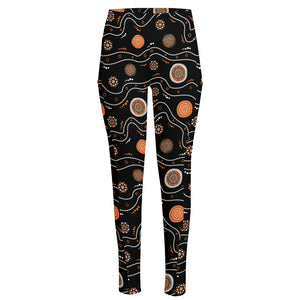 White And Orange Aboriginal Art Print High-Waisted Pocket Leggings