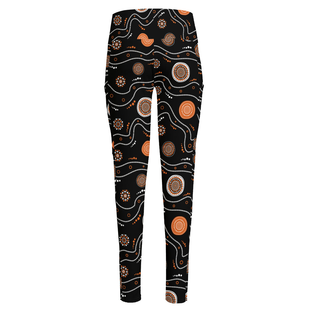 White And Orange Aboriginal Art Print High-Waisted Pocket Leggings