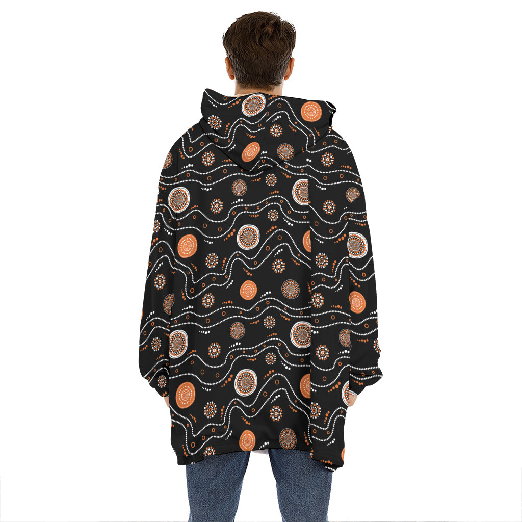 White And Orange Aboriginal Art Print Hoodie Blanket
