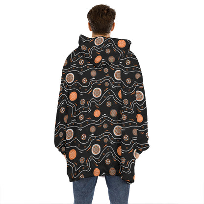 White And Orange Aboriginal Art Print Hoodie Blanket