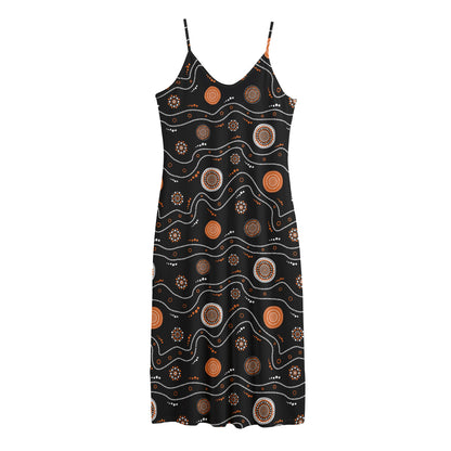 White And Orange Aboriginal Art Print Jersey Midi Cami Dress