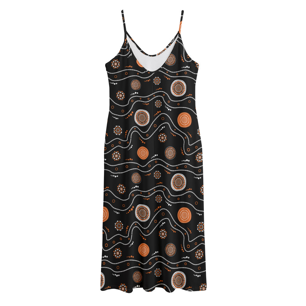 White And Orange Aboriginal Art Print Jersey Midi Cami Dress