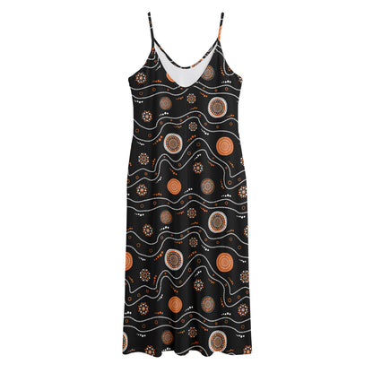 White And Orange Aboriginal Art Print Jersey Midi Cami Dress