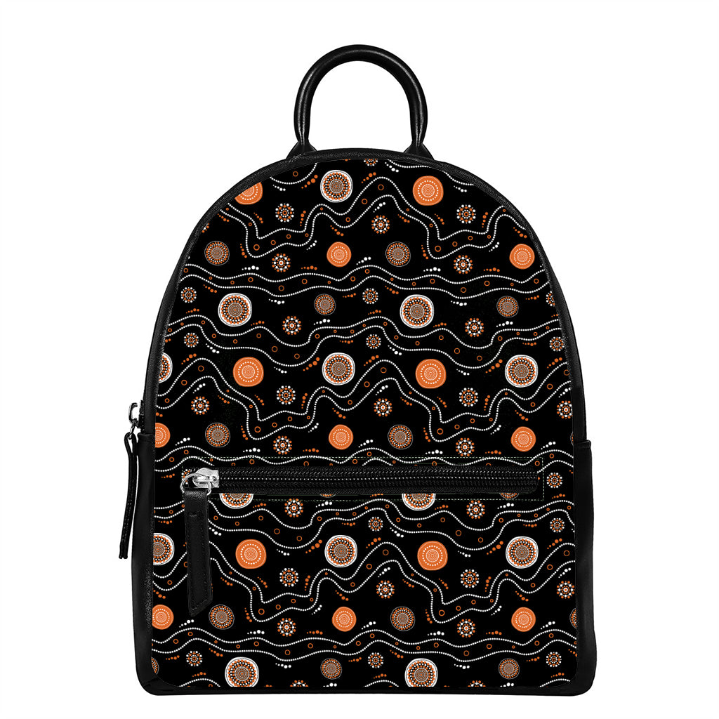 White And Orange Aboriginal Art Print Leather Backpack