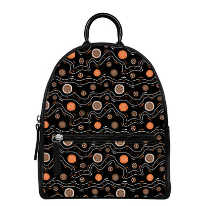 White And Orange Aboriginal Art Print Leather Backpack