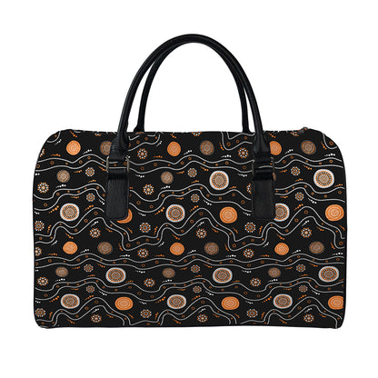 White And Orange Aboriginal Art Print Leather Duffle Bag