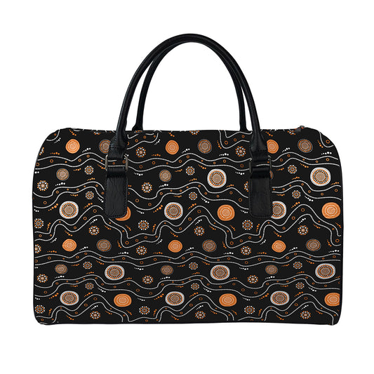 White And Orange Aboriginal Art Print Leather Duffle Bag