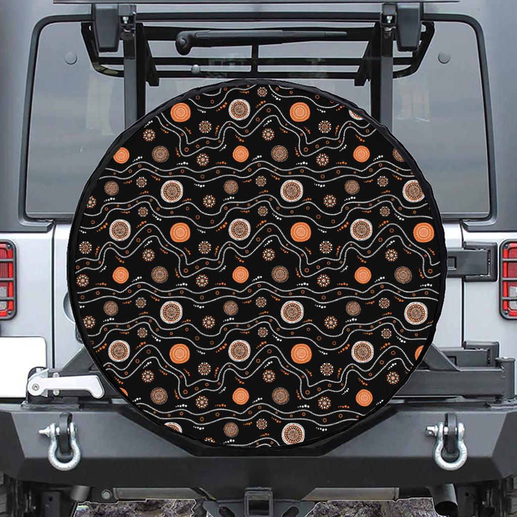 White And Orange Aboriginal Art Print Leather Spare Tire Cover