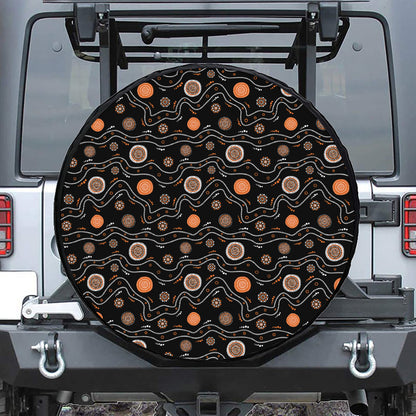 White And Orange Aboriginal Art Print Leather Spare Tire Cover