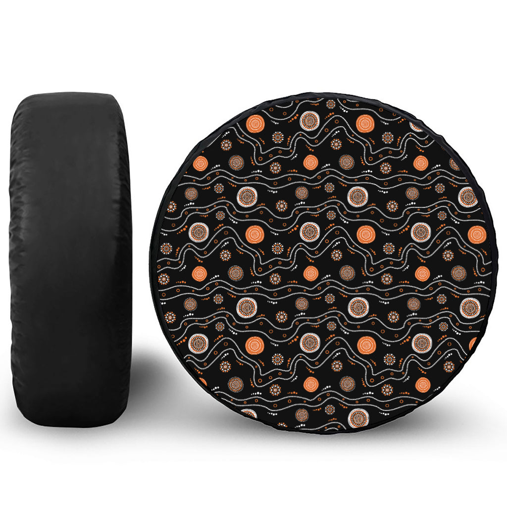White And Orange Aboriginal Art Print Leather Spare Tire Cover