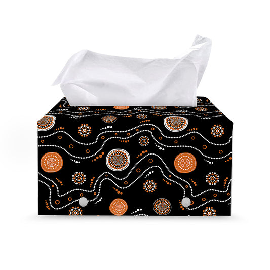White And Orange Aboriginal Art Print Leather Tissue Box Cover