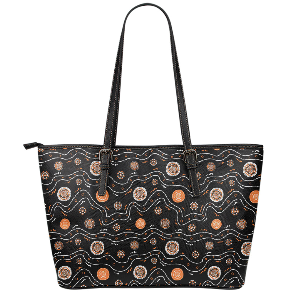 White And Orange Aboriginal Art Print Leather Tote Bag