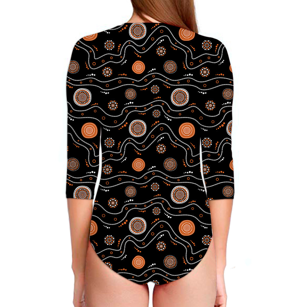 White And Orange Aboriginal Art Print Long Sleeve Swimsuit