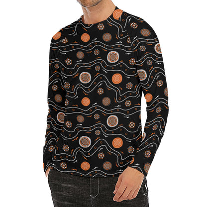 White And Orange Aboriginal Art Print Men's Long Sleeve Rash Guard